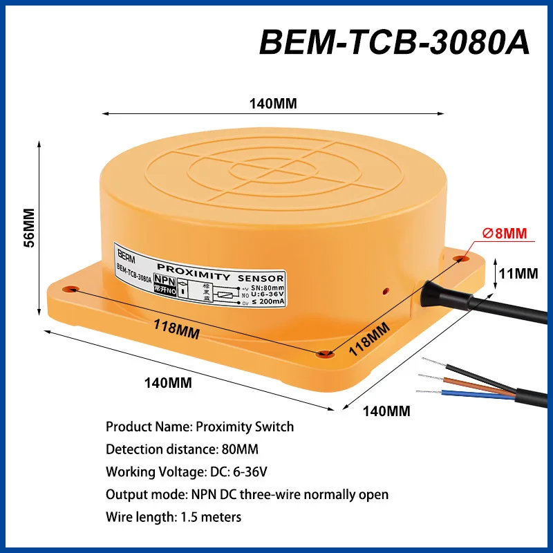 

TCA-3050A/B/C/D Индуктивный бесконтактный переключатель 40 60 80 Расстояние Трехпроводной NPN Нормально открытый 24 В Металл