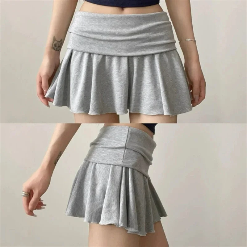 Y2K Light Grey Foldover Waist A-line Pleated Tennis Skirt Women Built-in Liner Anti-peep Sport Skort For Gym Workout Summer