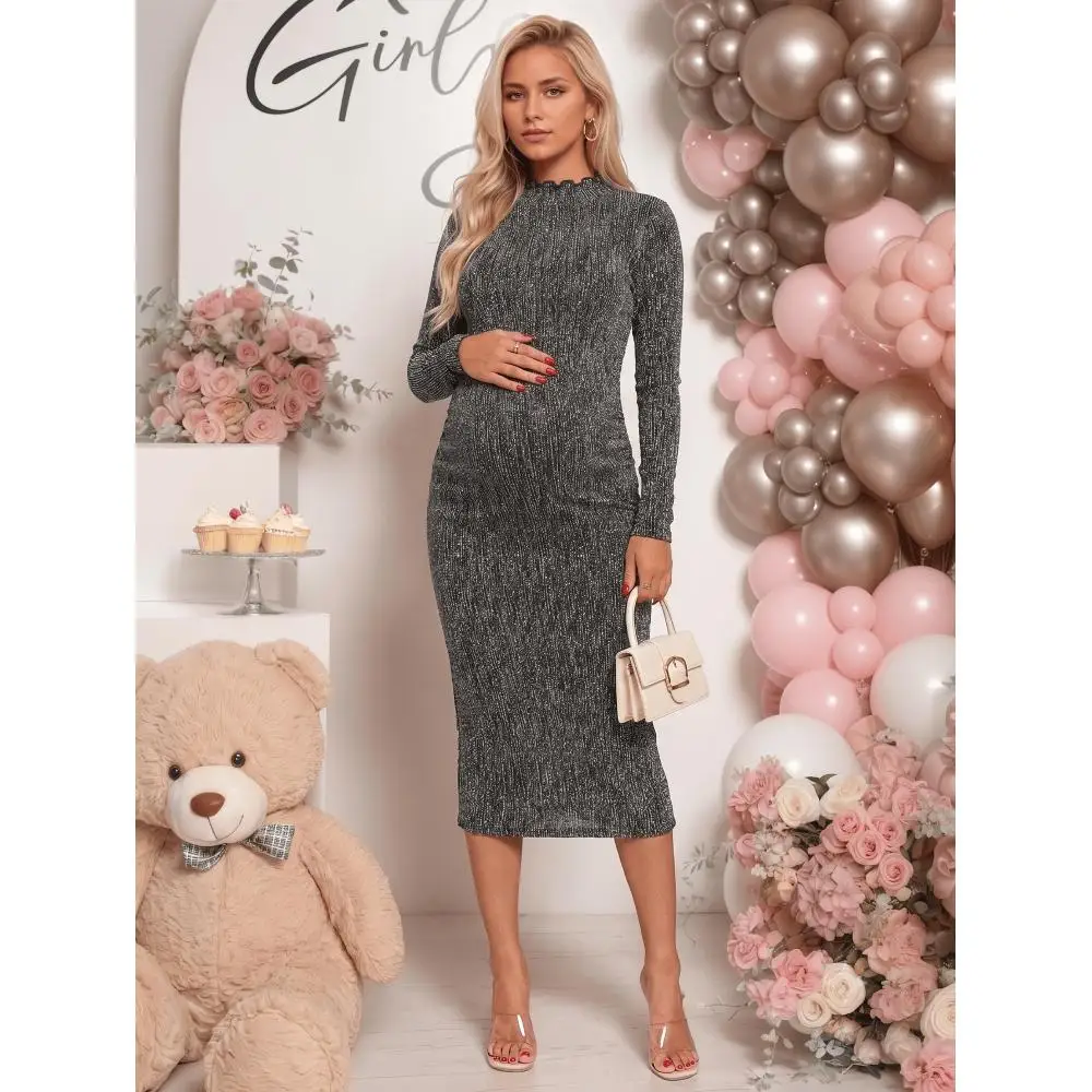 Maternity sequins party photo long-sleeved dress autumn winter casual versatile belly support hip skirt maternity wear