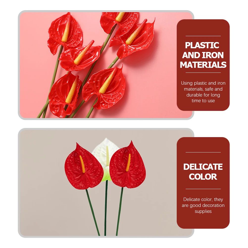 

6pcs Artificial Anthurium Plants Faux Flowers Decor Red White Wedding Birthday Housewarming Banquet Holiday Flower Arrangements