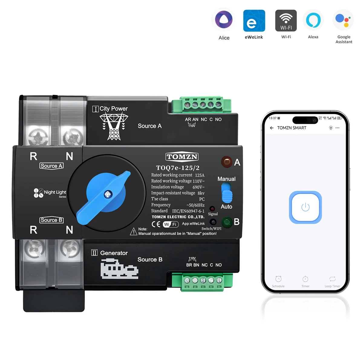 TOMZN 2P WiFi Smart ATS Dual Power Transfer Switch 110/120V 63/100/125A Din Rail EWeLink Uninterrupted Selector