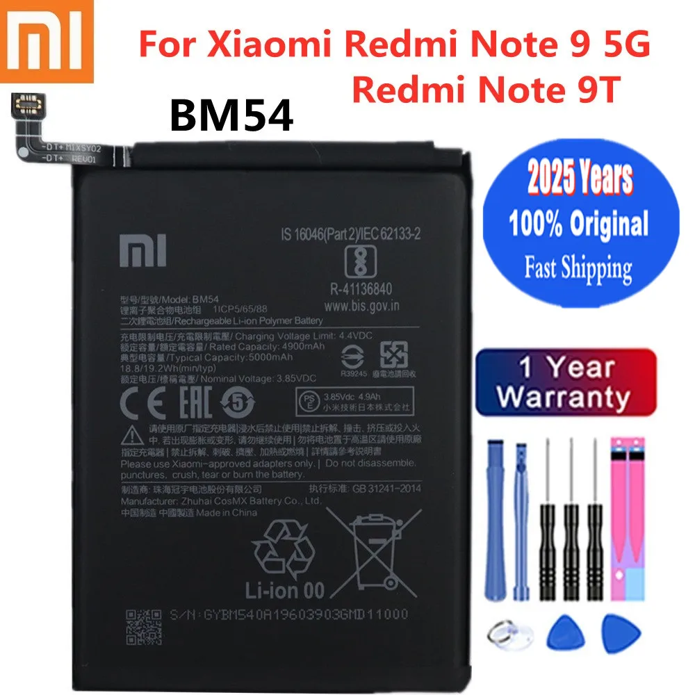 2025 Year 100% Original BM54 Battery For Xiaomi redmi note 9 5G / Note 9T MTK 800U 5000mAh High Qulity Battery Batteries Bateria