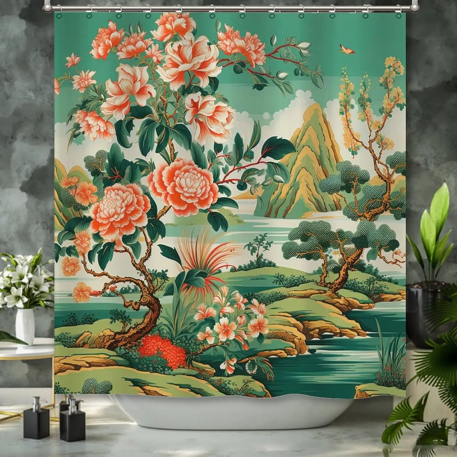

Зеленая шторка для душа в стиле шинуазри с изображением вазы Мин для вашей ванной комнаты - 72 дюйма, декоративная шторка в стиле шинуазри для ванной, машинная стирка