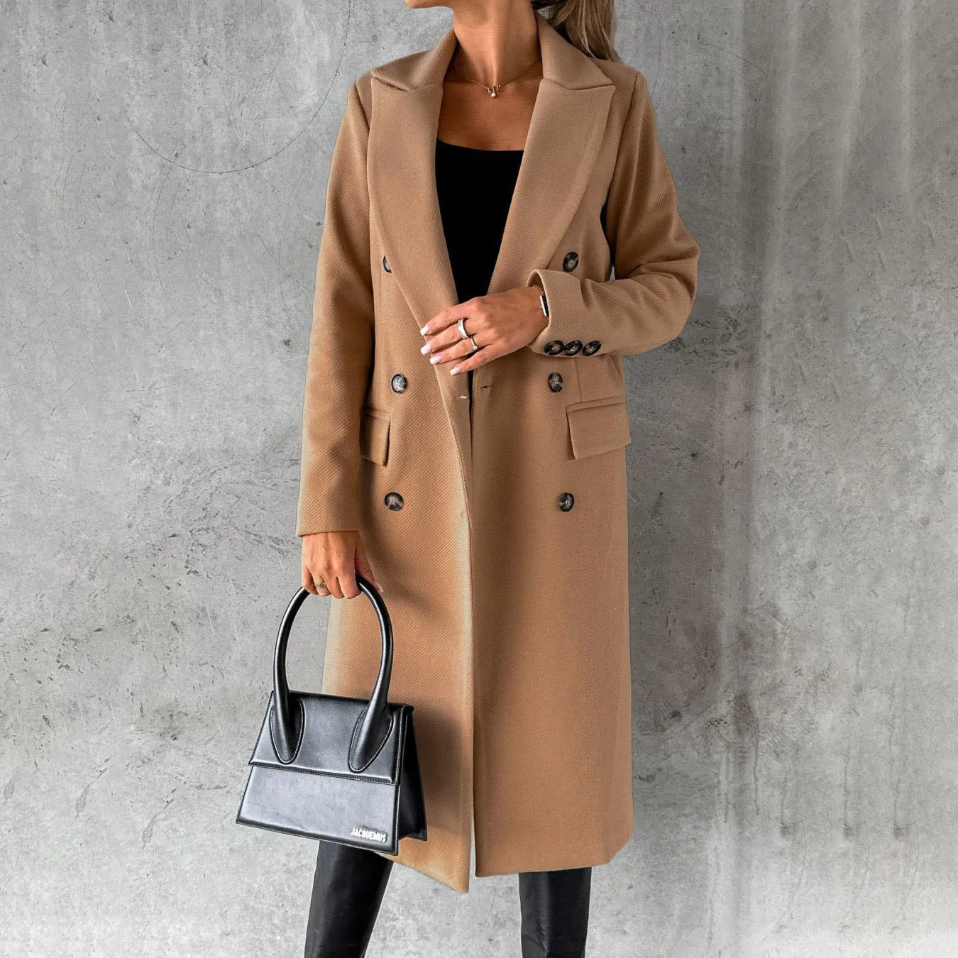 

2026 Autumn and Winter New Foreign Trade Women's Long-sleeved Lapel Solid Color Double-breasted Slim Coat Coat