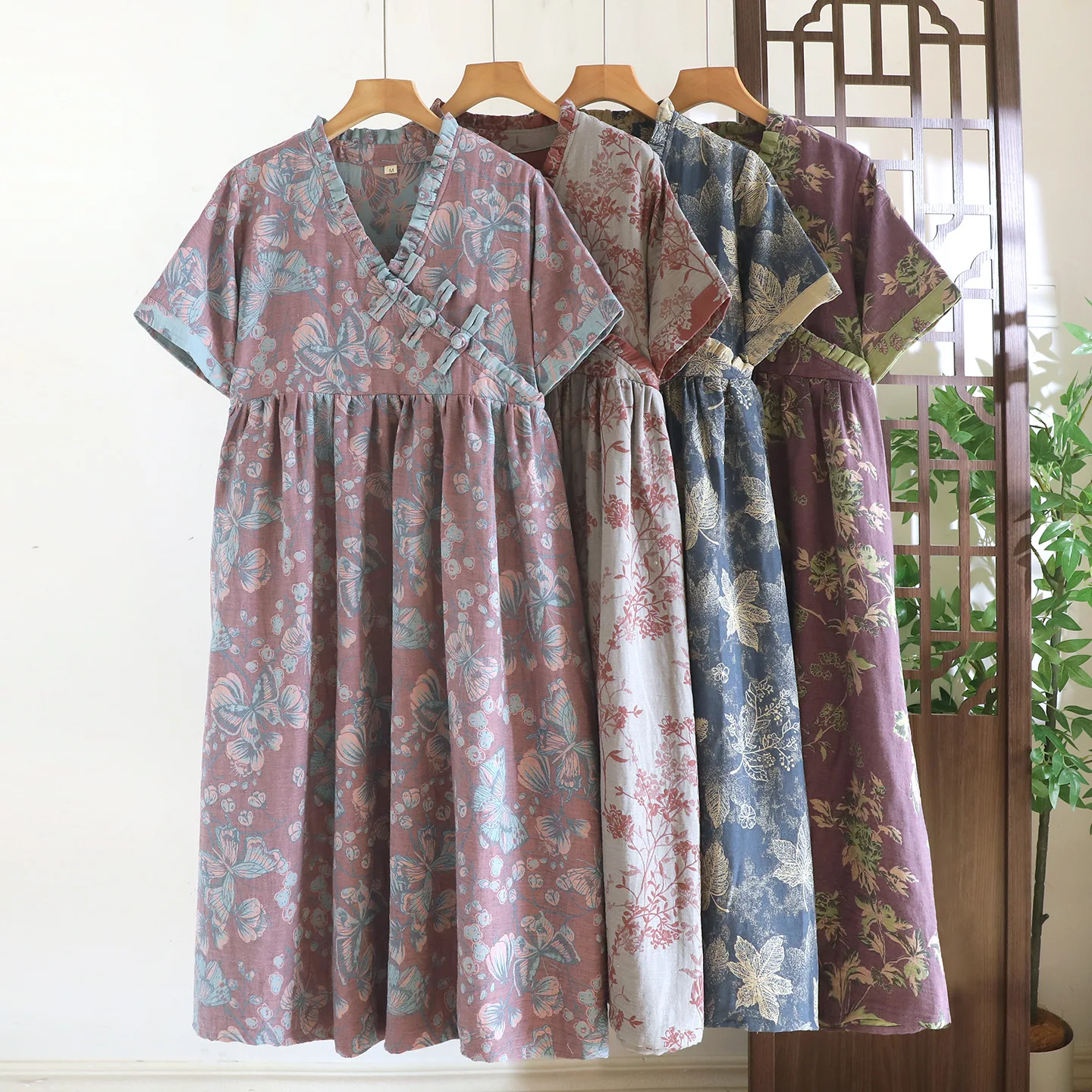 

Новинка: Ретро-пижама с цветочным принтом, летняя, с коротким рукавом, 100% хлопок, ночная сорочка для женщин, ночное платье, одежда для сна.