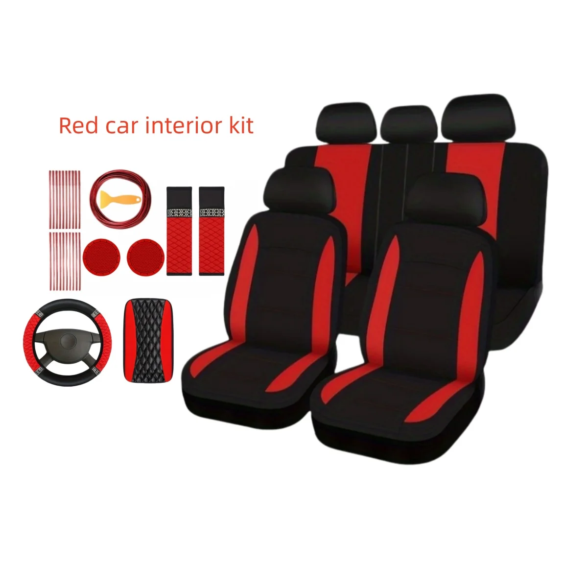 Luxury Ladies Car Interior Decor Bundle, Hot-Fix Rhinestone Puff Leather Steering Wheel Cover, Polyester Seat Suite, Armrest Cover, Seat Belt Pads, Cup Coasters, Air Outlet Strips, Ignition Button Ring Stickers, Universal Auto Accessories