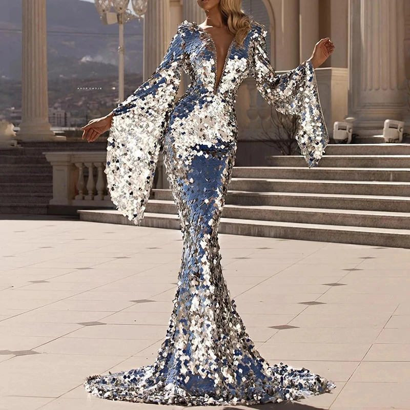 

Fashion Lady Deep V High Waist Evening Dress New 2025 Spring Flare Sleeves Slim Party Dress Elegant Silver Sequin Mermaid Dress
