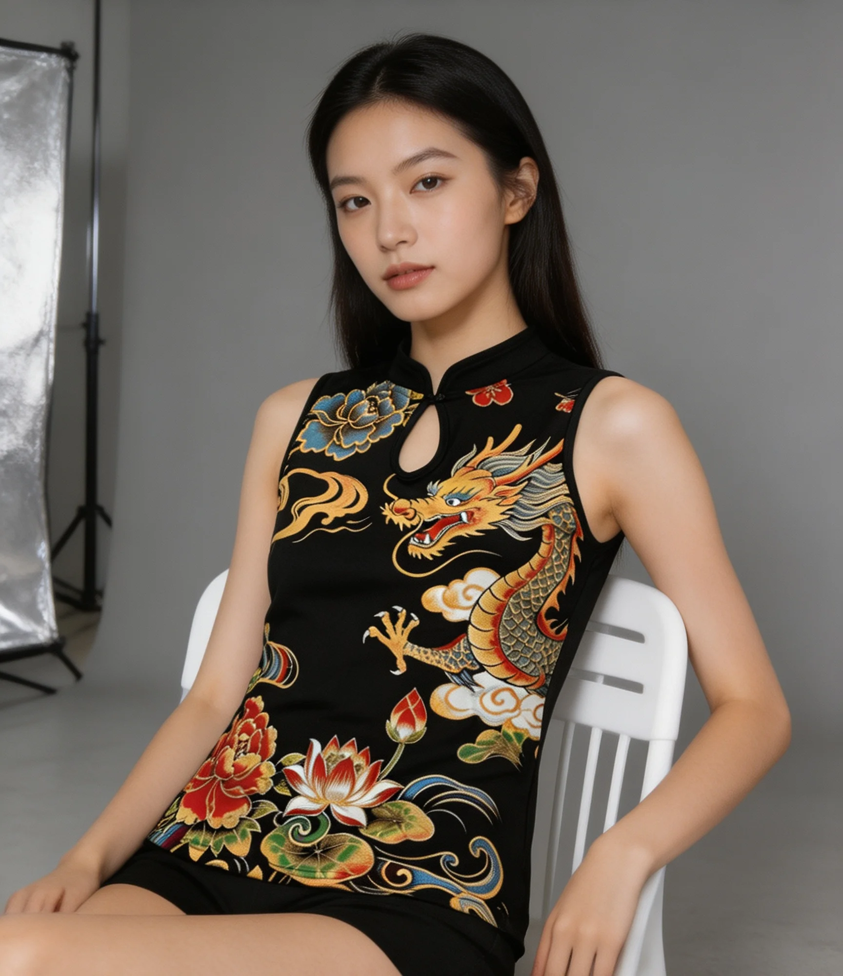 Summer Dragon Print Fashionable Atmosphere Wear Slim-fit Slim T-shirt with Buckle Design