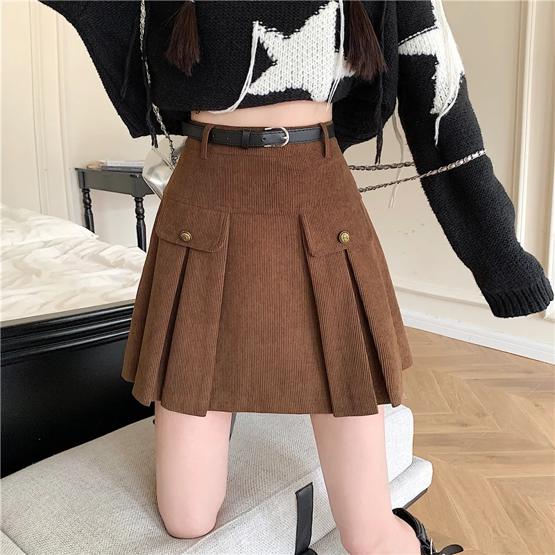 

New Autumn Winter Corduroy Womens Skirts Vintage Buttons High Wasit A-line Mini Pleated Skirt Korean Woman Cute Short Skirts