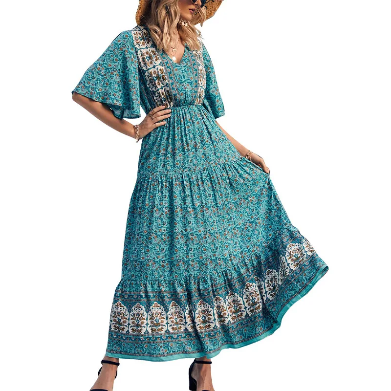 Bohemian Strand Langes Kleid Frauen Kleidung 2023 Sommer Taste V-ausschnitt Ausgestellte Ärmel Kleider Boho Hippie Chic Maxi Kleid Vestidos