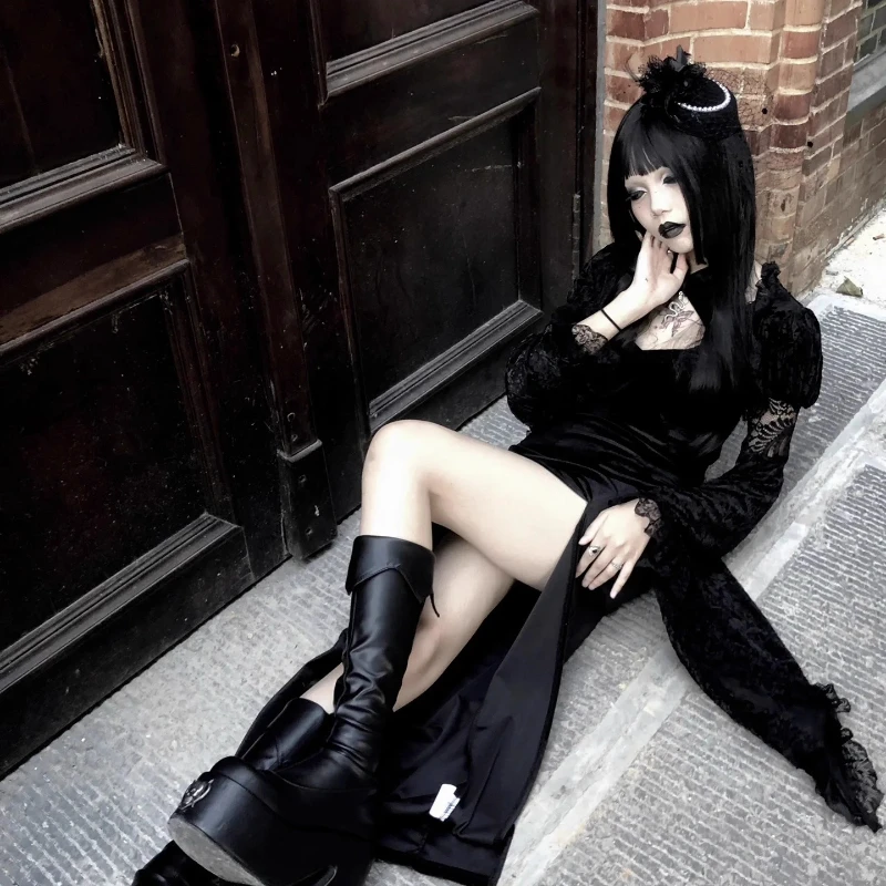 

Halloween Gothic Lace Sexy Cos High Waist Sleeveless Dress Girl Black Street Versatile Fashion Elegant Flare Sleeve Shawl Blouse