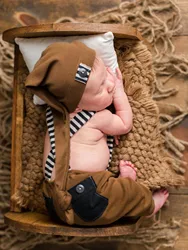 Ylsteed Newborn Boy Outfits for Photo Shoot Stripe Pocket Overall Jumpsuit with Matching Hat Infant Photography Props