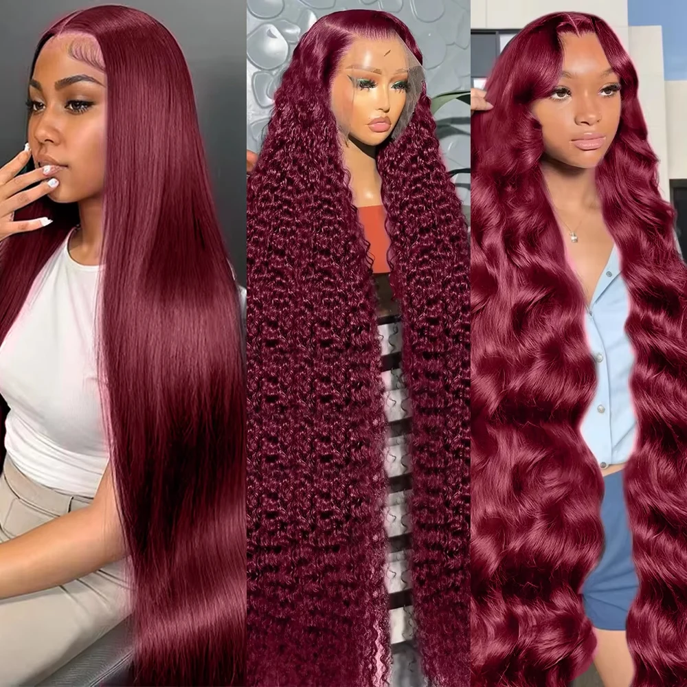 

220% Density 30 Inch Water Wave 99J Burgundy 13x4 HD Lace Frontal Wig For Women Deep Wave Transparet Lace Front Human Hair Wigs