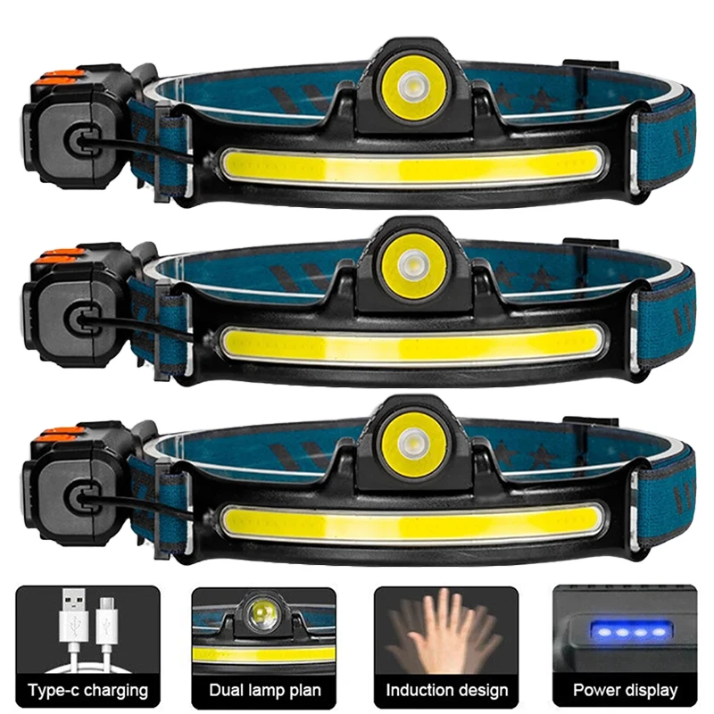 XPG+COB Zoom Induction Headlamp USB Rechargeable with 18650 Built-in Battery LED Head Torch Outdoor Camping Fishing Headlight