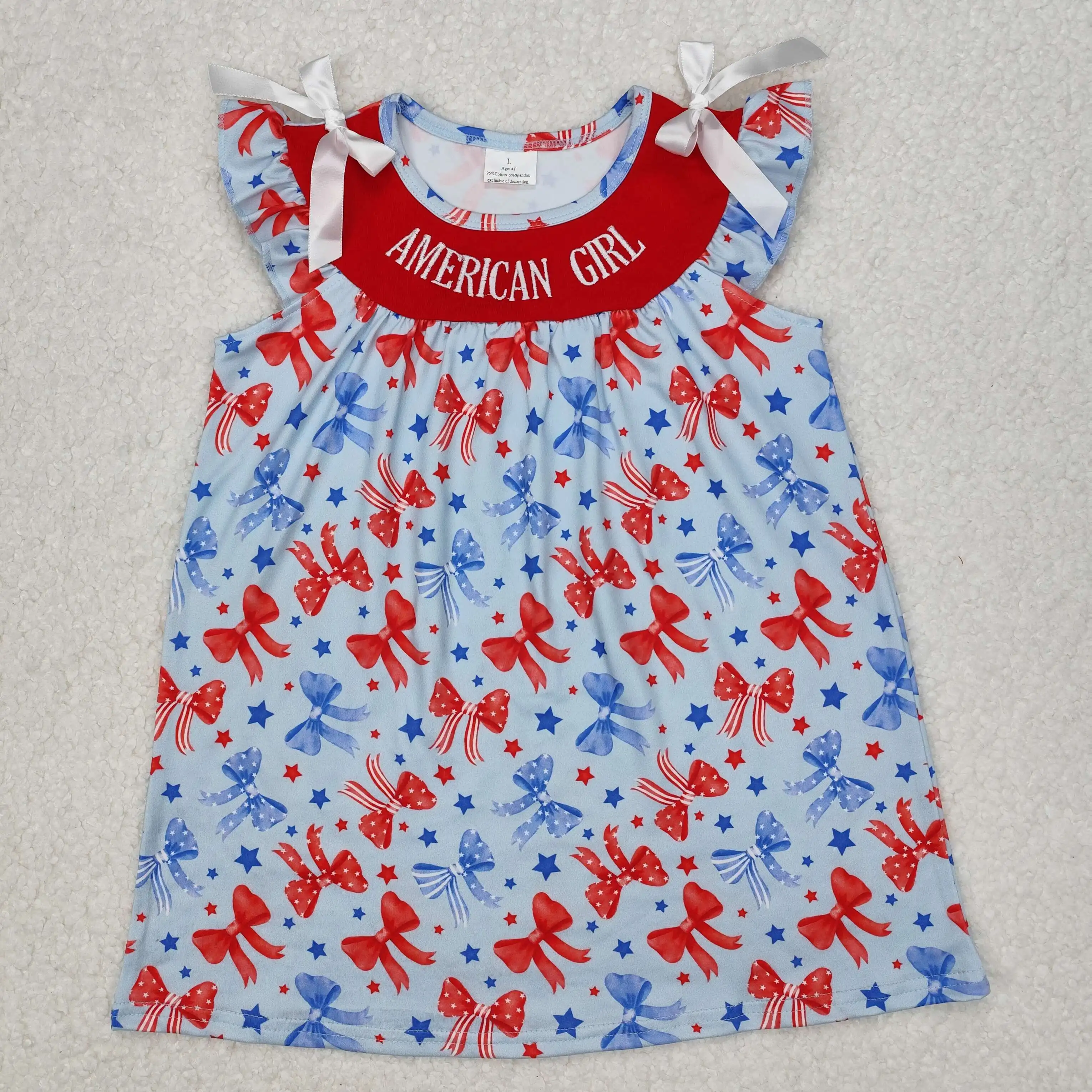 3.8 y High Quality Baby Girl USA 4th of July Bows American Girl Embroidery Flying Sleeve Dress Wholesale Western Summer Dress