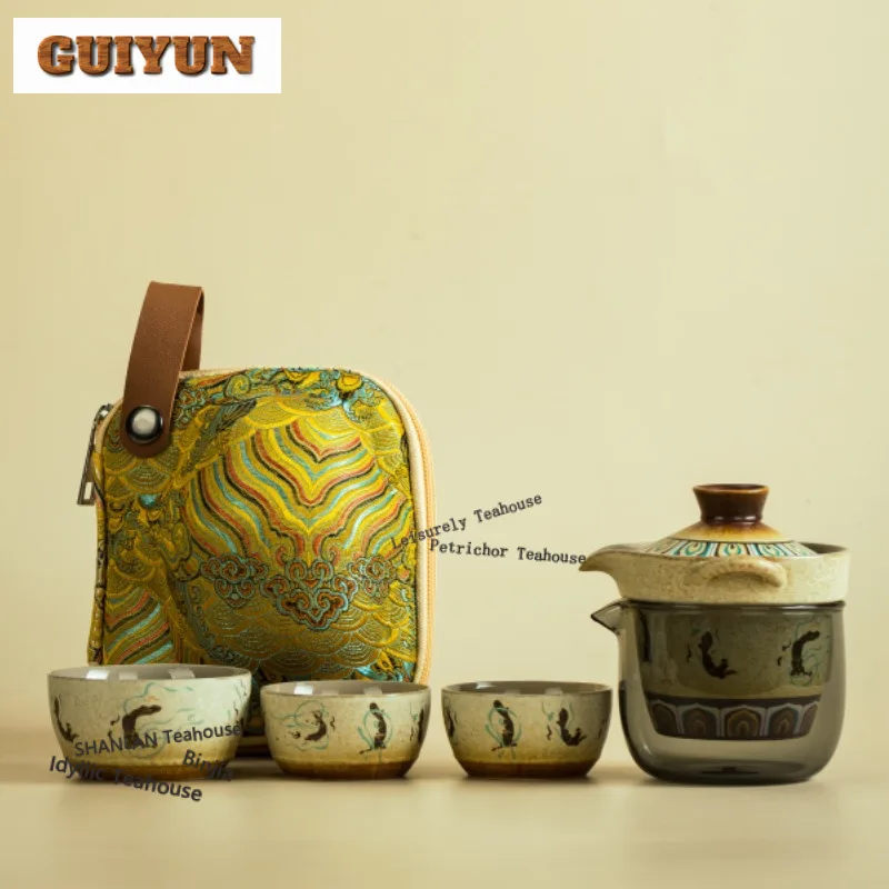 

Dunhuang Apsaras Travel Tea Set Kit Retro 1 Pot 3 Cups Tea Maker Organizer Portable Outdoor Stock Bags Drinkware Supplies Craft