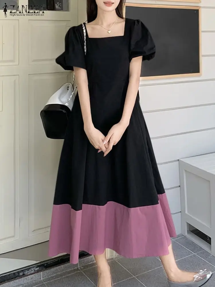 

ZANZEA Square Collar Color Block Midi Dress Women Casual Short Puff Sleeve Elegant Party Robe Korean Fashion A-line Vestidos