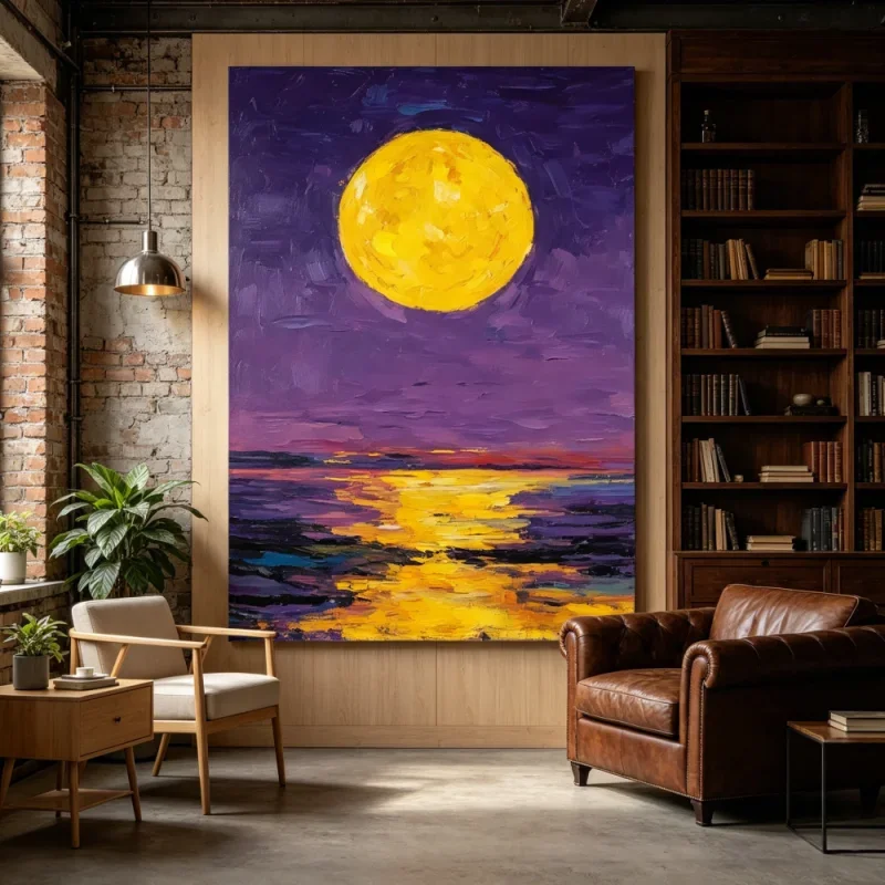 Vibrant Full Moon Canvas Wall Art Purple Night Sky Yellow Moon Landscape Canvas Painting Abstract Nature Print Home Decor Gif