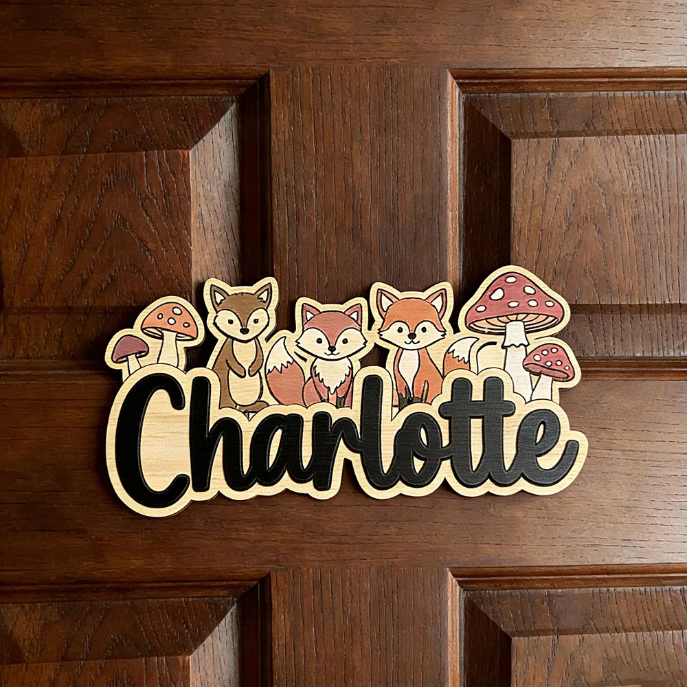 Personalized Fox & Mushrooms Name Sign, Custom Wooden Kids Room Decor, Cute Nursery Door Plaque, Unique Woodland Gift