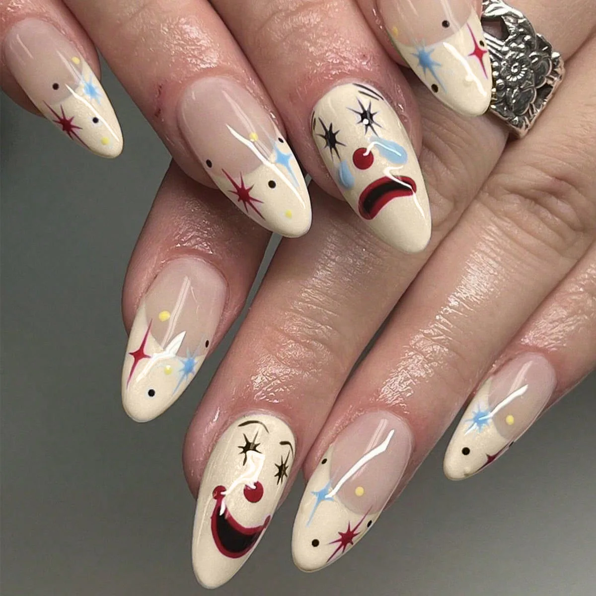 French Tip Press on Nails Medium Almond Fake Nails with Cute Emoji Design False Nails Accessories Acrylic Nails Glue on Nails