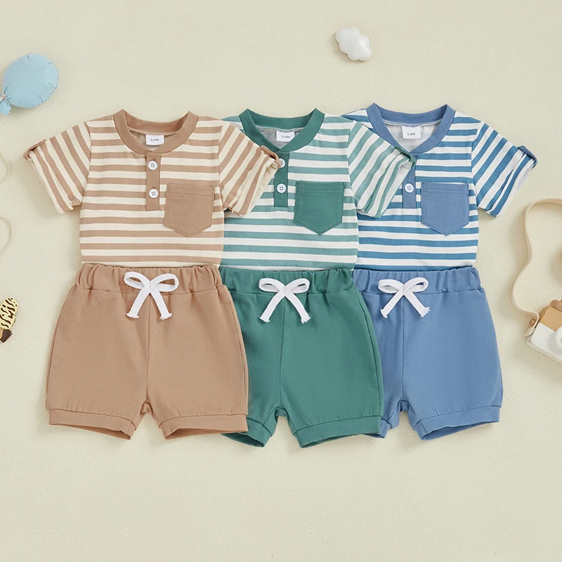 

Infant Baby Boys 2Pcs Summer Outfits Short Sleeve Stripes Print Romper with Shorts Set Newborn Clothes