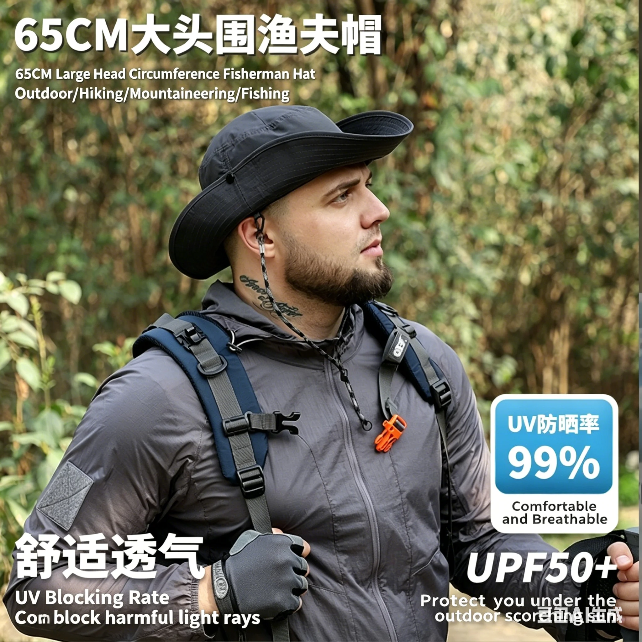 Großer Bucket Hat (60-65 cm) für große Köpfe, Übergröße für Herren, Sommer-Outdoor-Sonnenhut, leicht, atmungsaktiv, UV-Schutz, Wanderhut