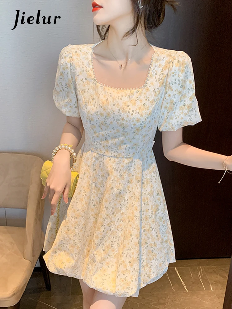 

Jielur Summer New Style Temperament Woman Dress Ladies Elegant Puff Sleeve A-line Dresses Sweet Square Neck Chiffon Dress Female