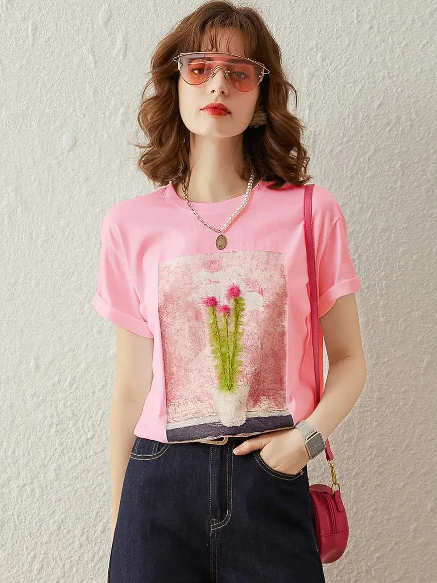 LOUIS YAO Women T-shirt Round Neck Short Sleeve 2024 Summer New Loose Fit Fashionable 3D Print Flower Casual Basic Tops