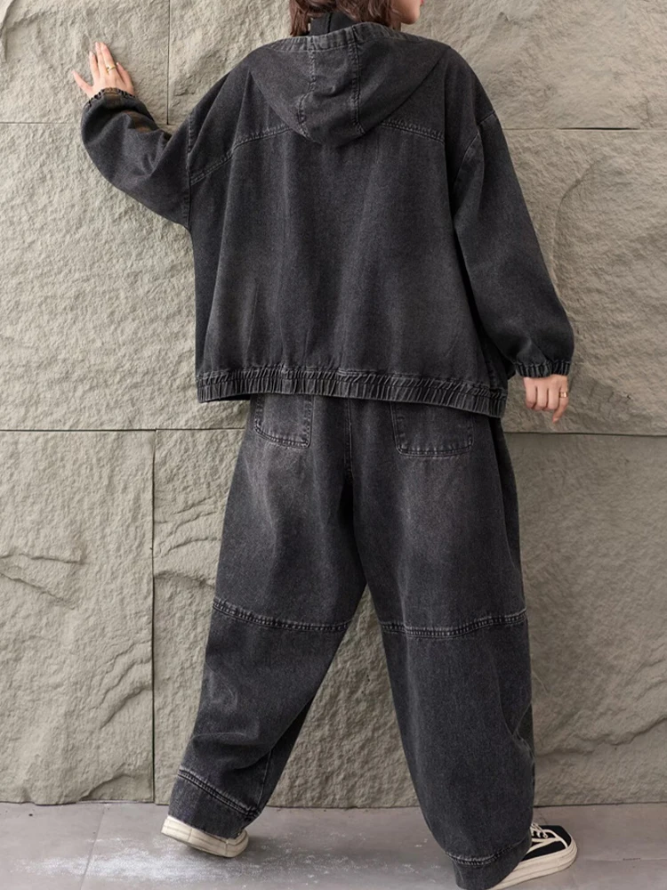 Amax LuluE 2025, Koreaanse Damesmode Big Size Klassieke Denim Pakken Damesmode Capuchon Tops Vintage Jeans Losse Twee Stukken Sets