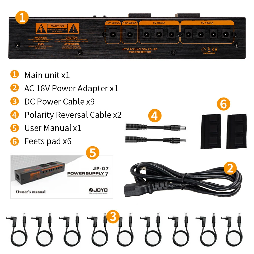 JOYO JP-07 Guitar Pedal Power Supply Portable Mobile Low Noise Pedal Power Supply 9 Isolated DC Outputs for 9V/12V/18V Effector