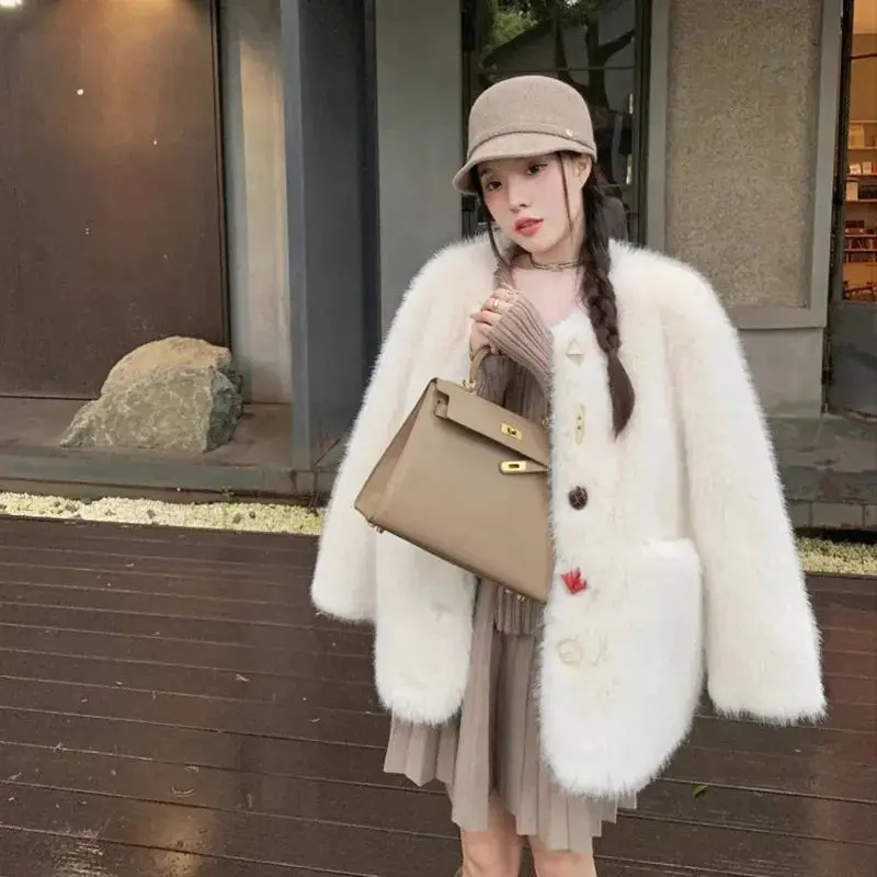 Sweet Fluffy Fur Jacket Soft Fur Coat Winter Warm Faux Fur Jackets Single-breasted Long-sleeved Outerwear Windproof High-quality