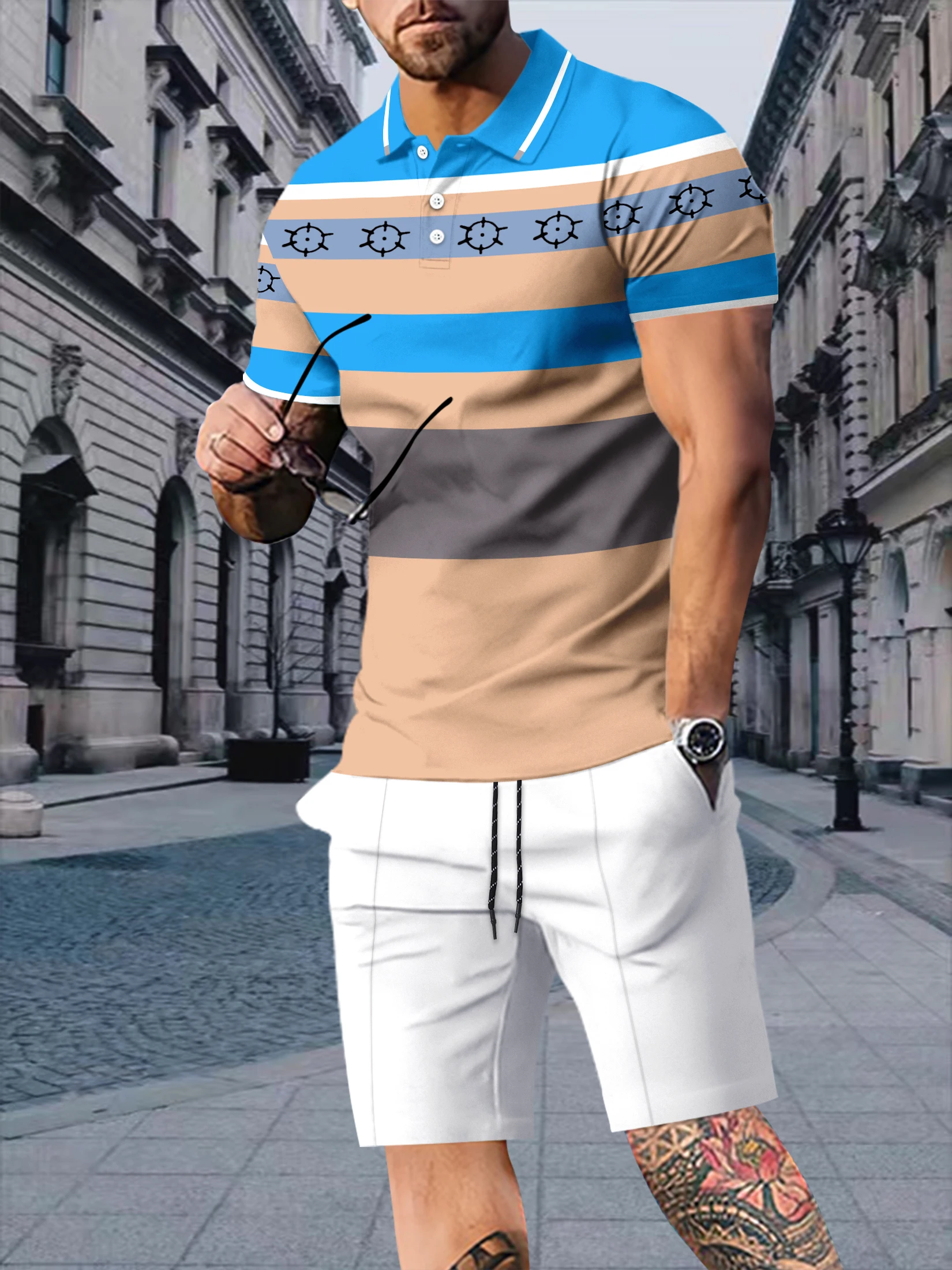 2024 Sommer neue 3D-Druck Farbverlauf Farbe Herren Polos hirt Kurzarm Shorts lässig Revers Set Sommer Mode 2 Stück Set