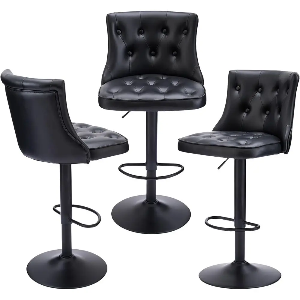 

Набор из 3 регулируемых вращающихся барных стульев в винтажном стиле с спинками, черные кожаные стулья для барной стойки