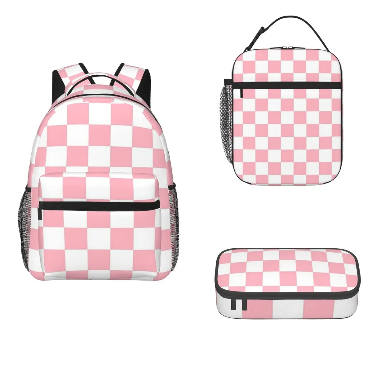 

Pink White Checkerboard Backpacks Girls Bookbag Children School Bags Cartoon Kids Rucksack Lunch Bag Pen Bag Three-Piece Set