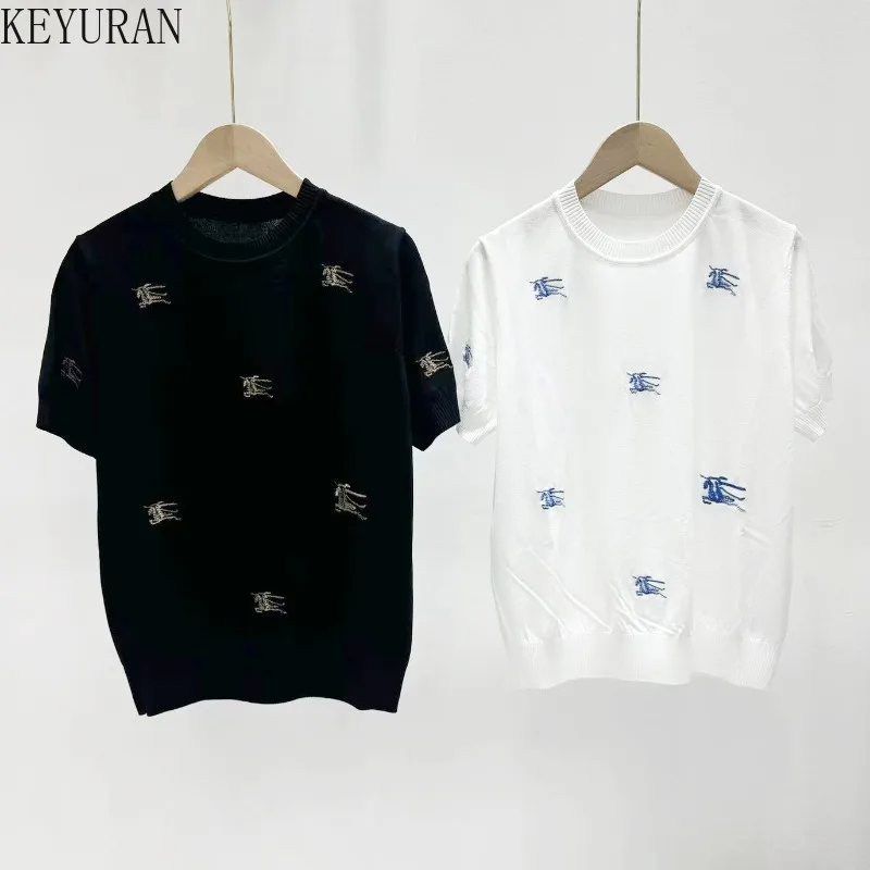 

2025 Summer Embroidery Knit T-shirts Women Stylish Fashion Streetwear Chic Tees Knitwear Tops Short Sleeve O Neck Ladies Tshirts