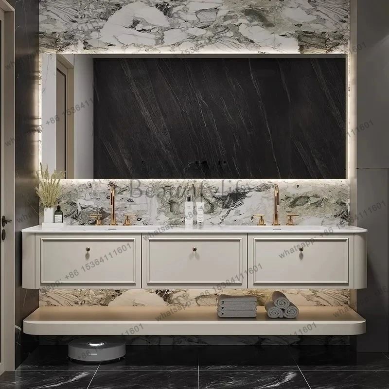 

FG10French light luxury bathroom cabinet combination oak sink, rock slab seamless integrated sink