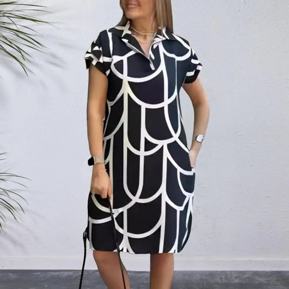

Striped Short Sleeve Dress Stylish Summer Midi Dress with Colorful Print Turn-down Collar Side Pockets for Women Knee for A