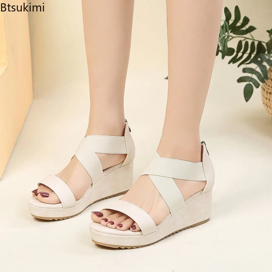 New Wedge Sandals for Women 2024 Summer Fashion Cross-strap One Word Roman Shoes Ladies Chunky Soled Back Zip Peep Toe Sandalias