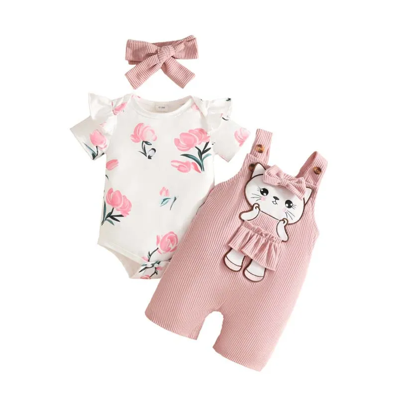 

0-18 Months Newborn Baby Girl Clothing Outfits Printed Bodysuits+Cute Little Bear Suspender Trousers+Headband Summer 3Piece Set