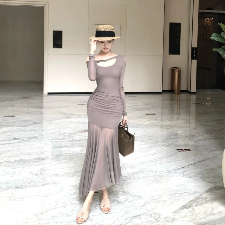 

Hollow out oulder Slimming Long Sve Mid-Length Dr Sexy High Waist Me Fabric Autumn New Sle Women's Faion Dr