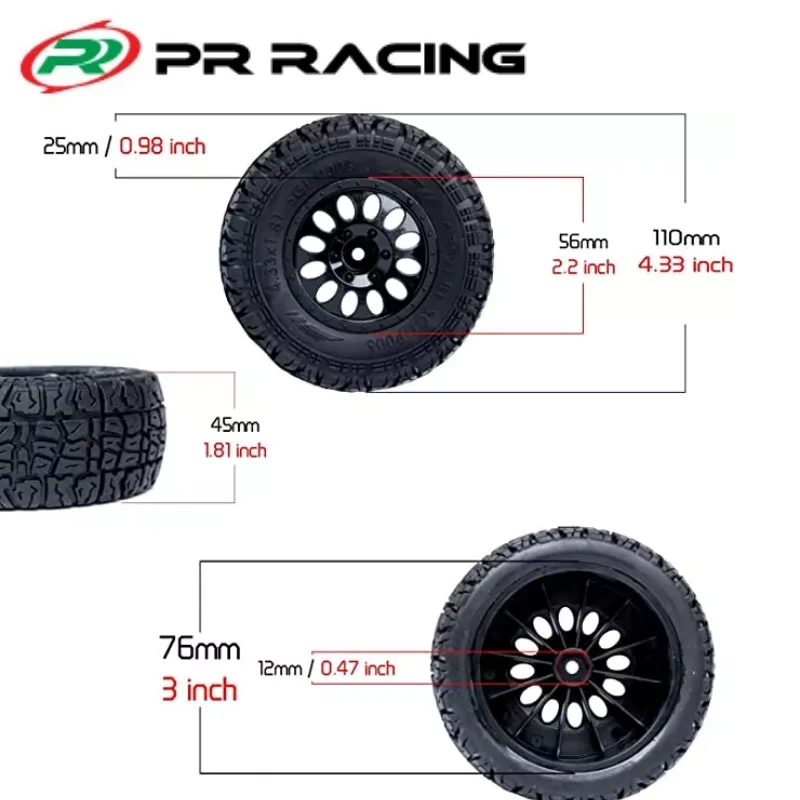 2Pcs PR Racing SCT-P006 1/10 Short Course Truck 1/2 Offset Tires with Foam Inserts Black Wheel Rims 12mm Hex AE Losi SLASH ARRMA
