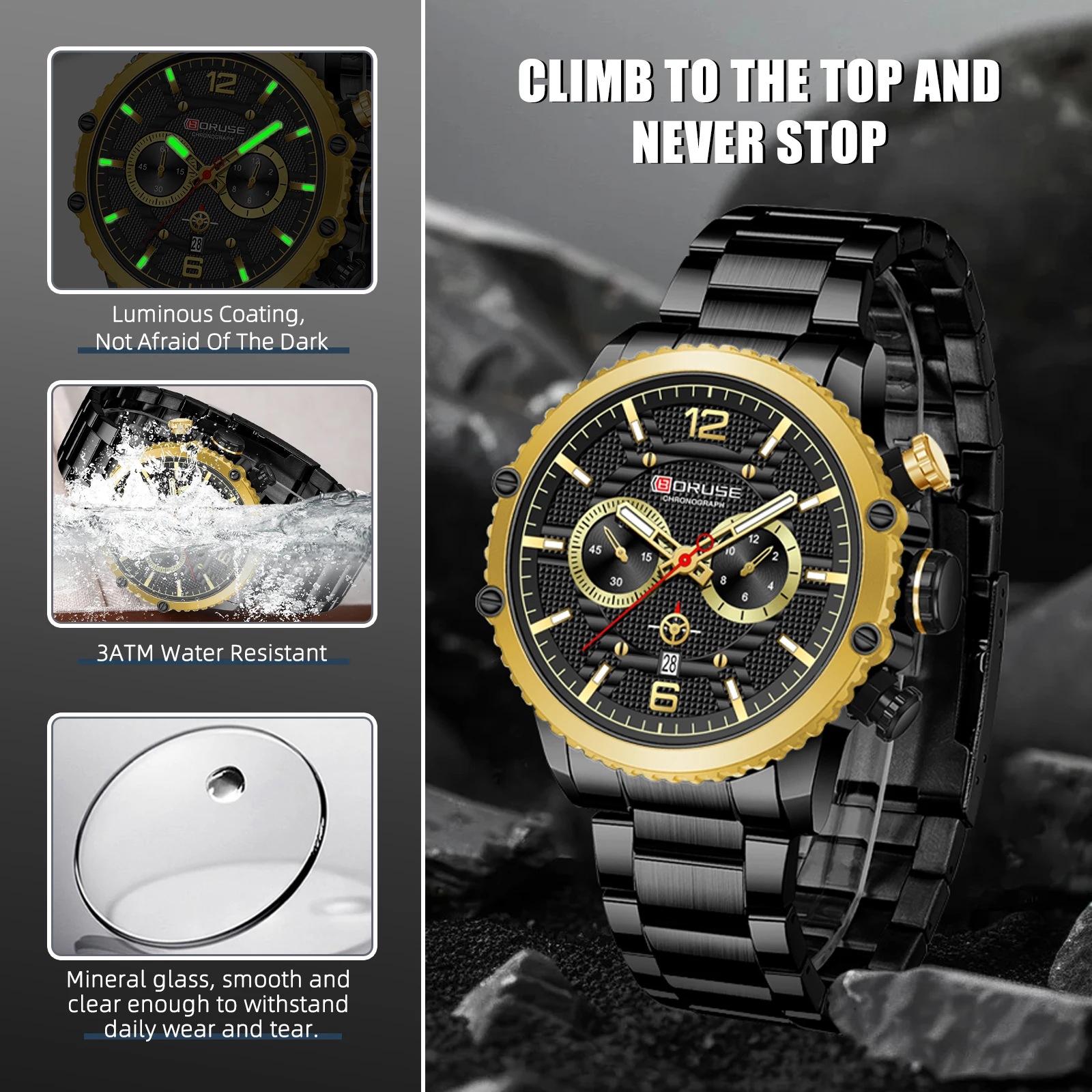 BORUSE New Luxury Men Chronograph Quartz Watches Waterproof Calendar Man Business Stainless Steel Sport Watch for Men Clock