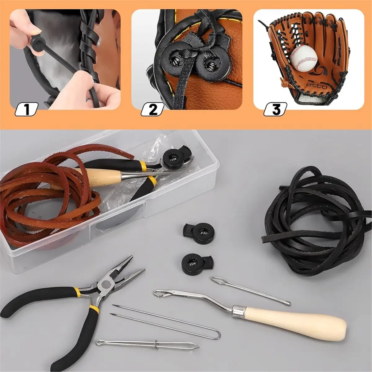 13Pcs Baseball Glove Relacing Kit,Softball Mitts Baseball Glove Care Kit Includes Leather Strips,Glove with Storage Case