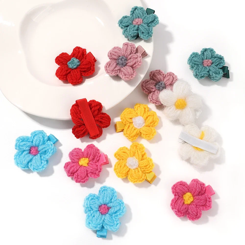 2pcs/set Hairs Clips Baby Girls Wool Knitting Headwear Handmade Crochet Small Puff Flower Safe Children Hairpin Kids Accessories