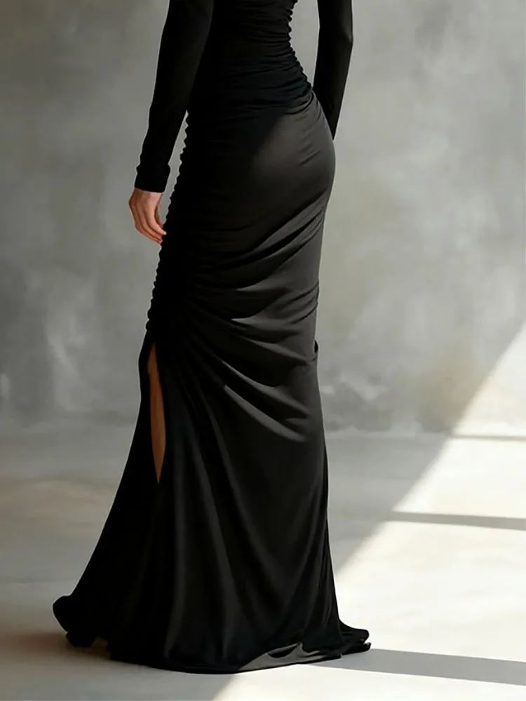 Elegante dame hoge taille split banketjurk temperament slanke jurk met lange mouwen stijlvolle schuine kraag effen ruches avondjurk