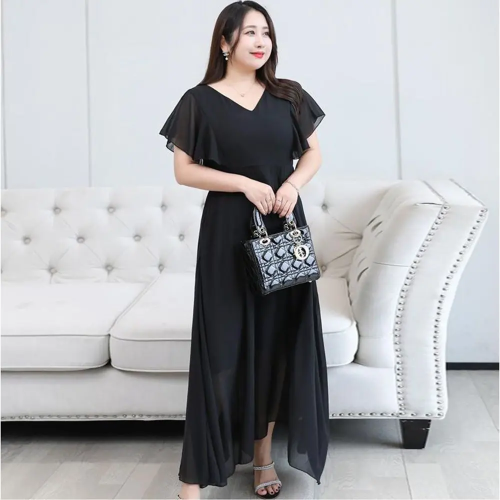 Plus Size 8XL 140kg Summer Long Dress V Neck Black Color Dress Short Sleeve Maxi Dress Holiday Party Dresses