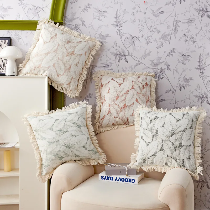 

New Nordic Simplicity Linen Leaf Fringe Edge Pillowcase Four Season Universal Living Room Sofa Pillowcase（No Filling Material）