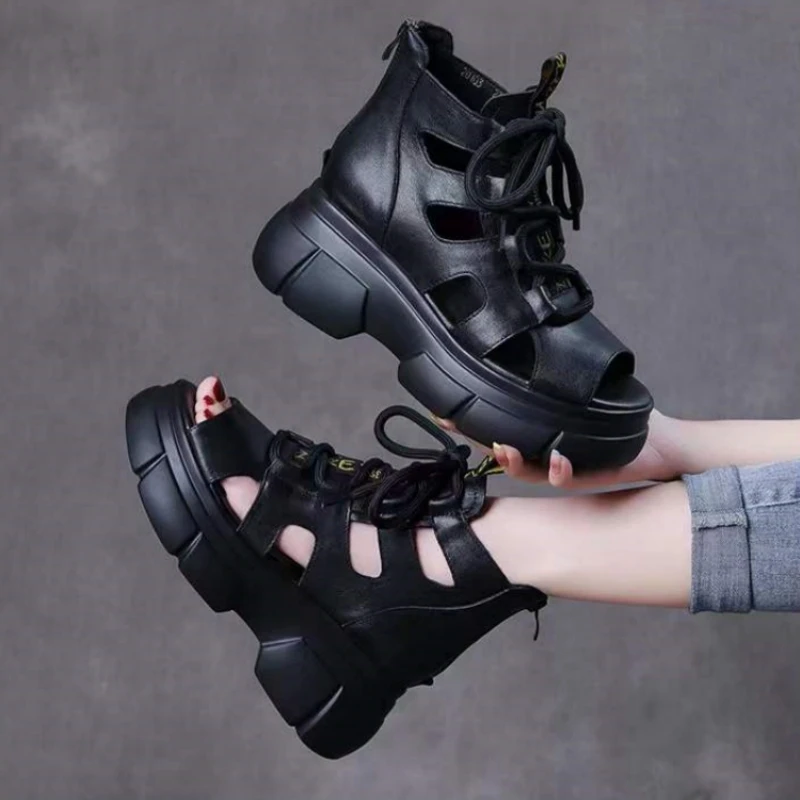 2024 bocca di pesce di alta qualità morbida pelle PU e pelle bovina estate scarpe romane sandali donna piattaforma aumentare scarpe zeppe sandali