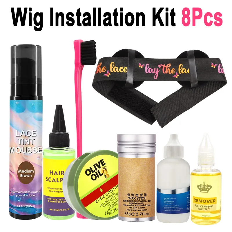 Wig Installation Kit Set 8Pcs Lace Tint Mousse Edge Control Hair Wax Stick Edges Brush Lace Glue And Remover Lace Melting Band