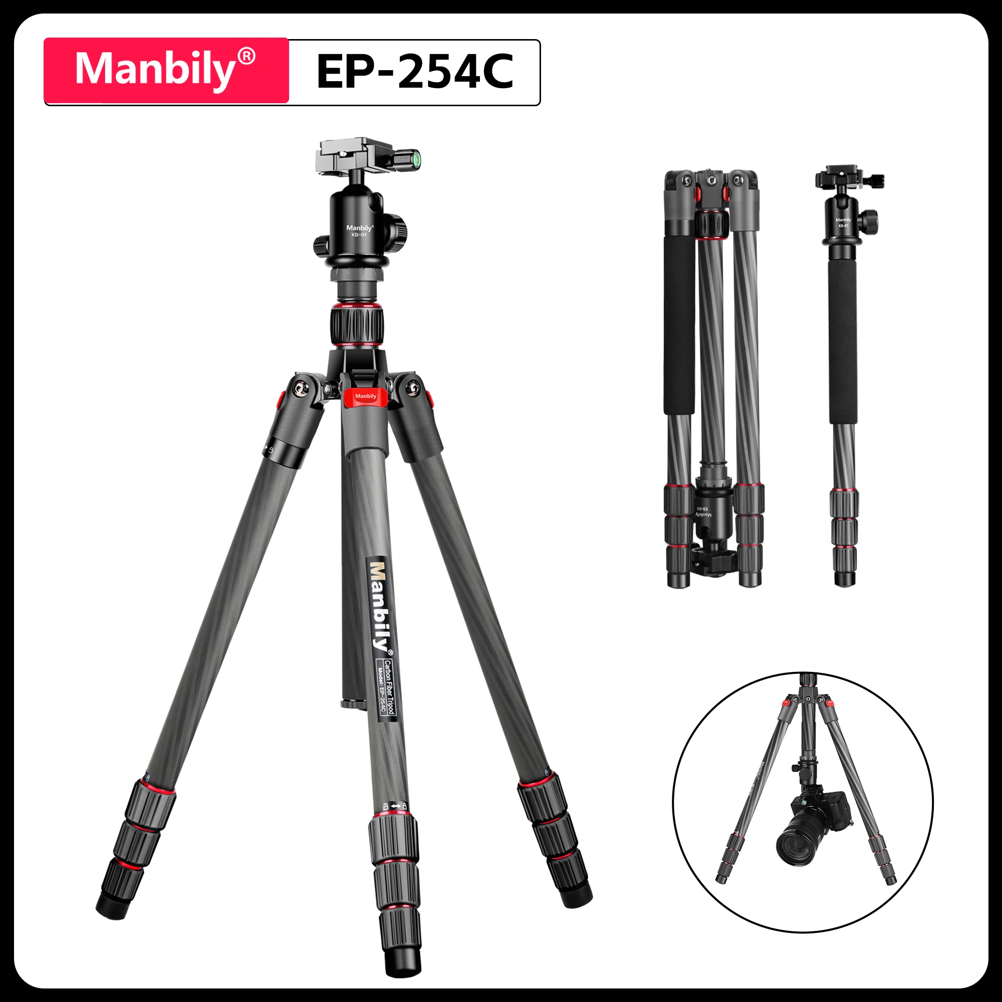 

Manbily EP-254C Carbon Fiber Tripods Lightweight Panorama Photography Stand With Ball Head Max Load 15kg